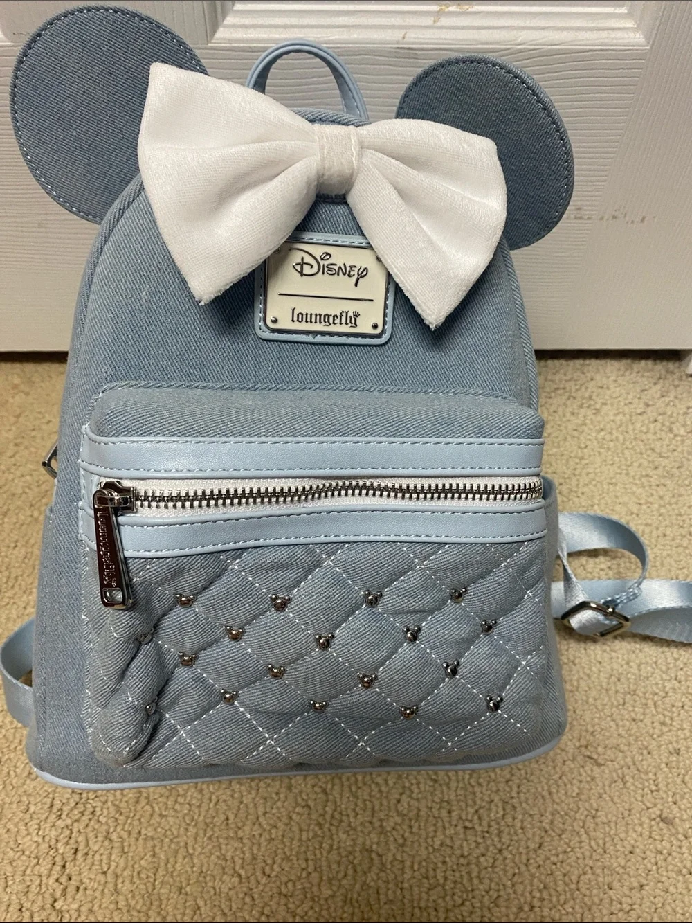 Loungefly Kids Pastel Blue Minnie Ear Mini Backpack with White Bow